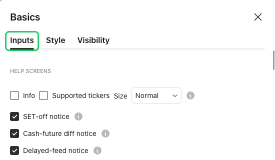 The Basics settings window with the Inputs, Style and Visibility tabs and the Help screens group at the top