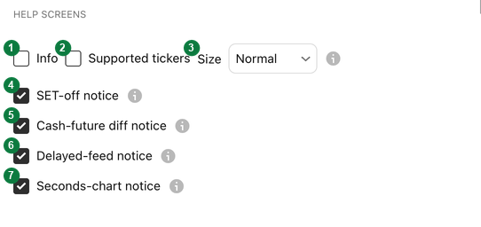 The Help screens group in the Basics settings with numbered markers: Info, Supported tickers, Size and four notices