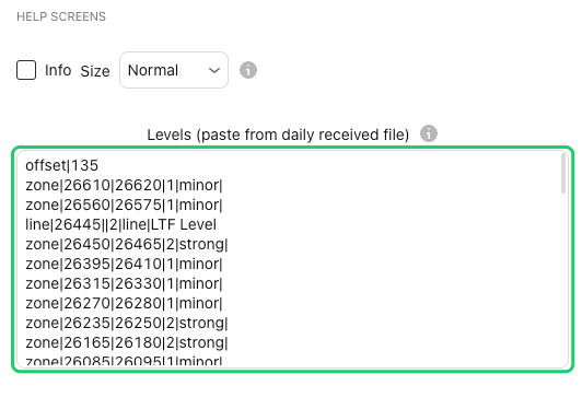 The Help screens group and the Levels field in the Straydog Zones and Levels settings, with a pasted levels block; the Levels field is circled in green