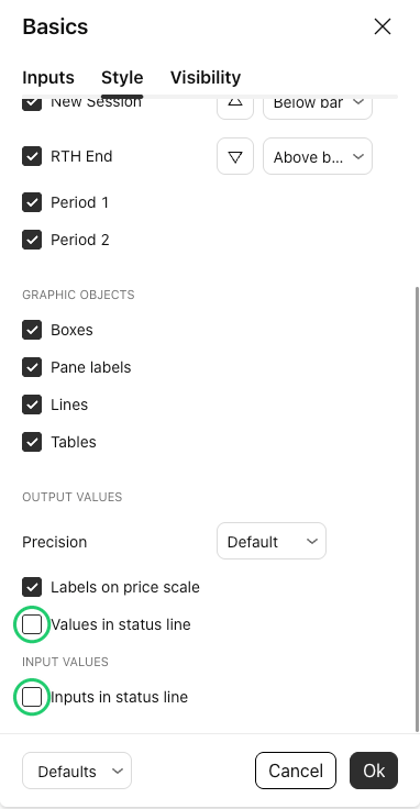 The Style tab of the Basics settings window, scrolled to the bottom, with the checkboxes Values in status line and Inputs in status line circled in green and unticked